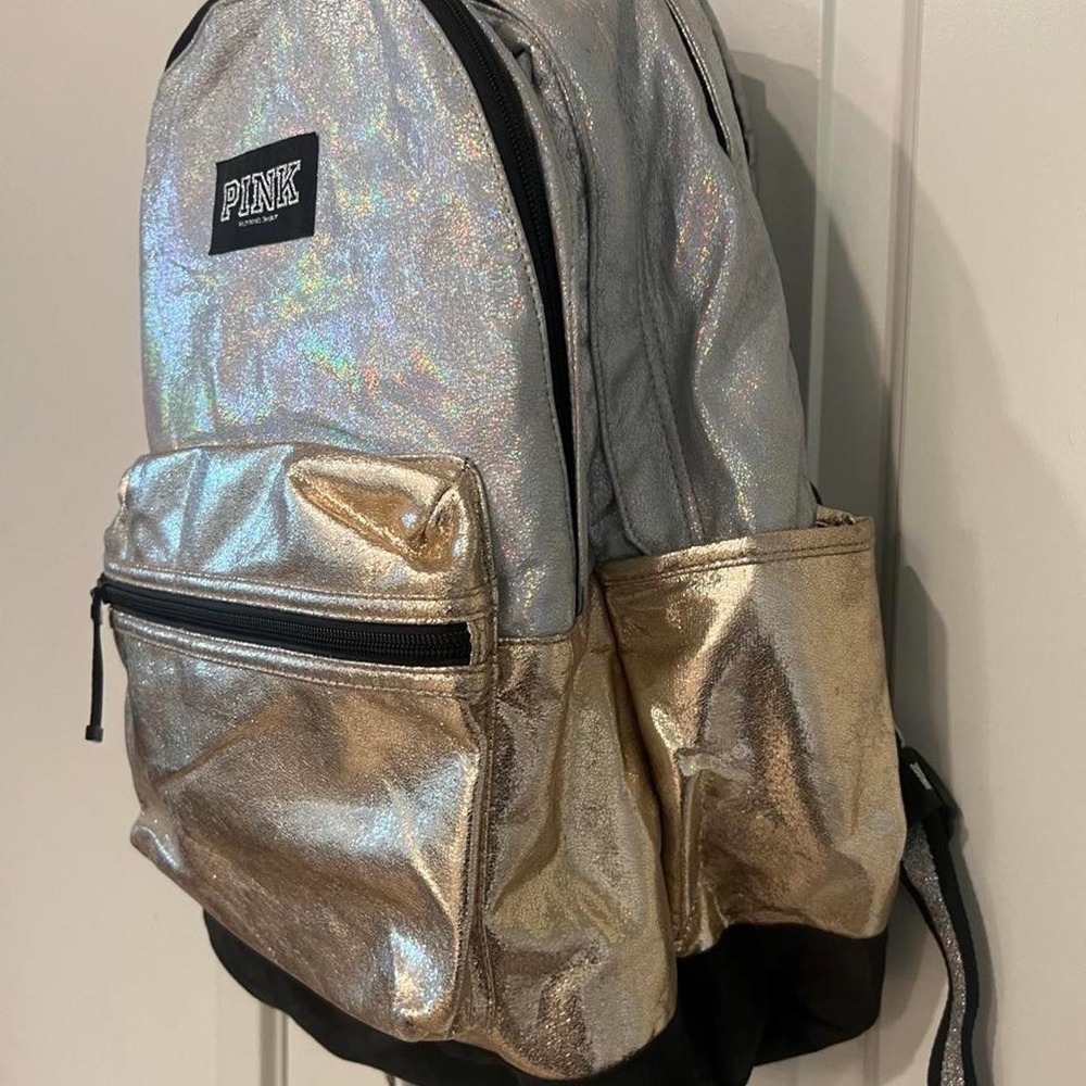 Victorias Secret PINK Campus Backpack Silver Gold MetallicLarge Bookbag RARE - Picture 4 of 8